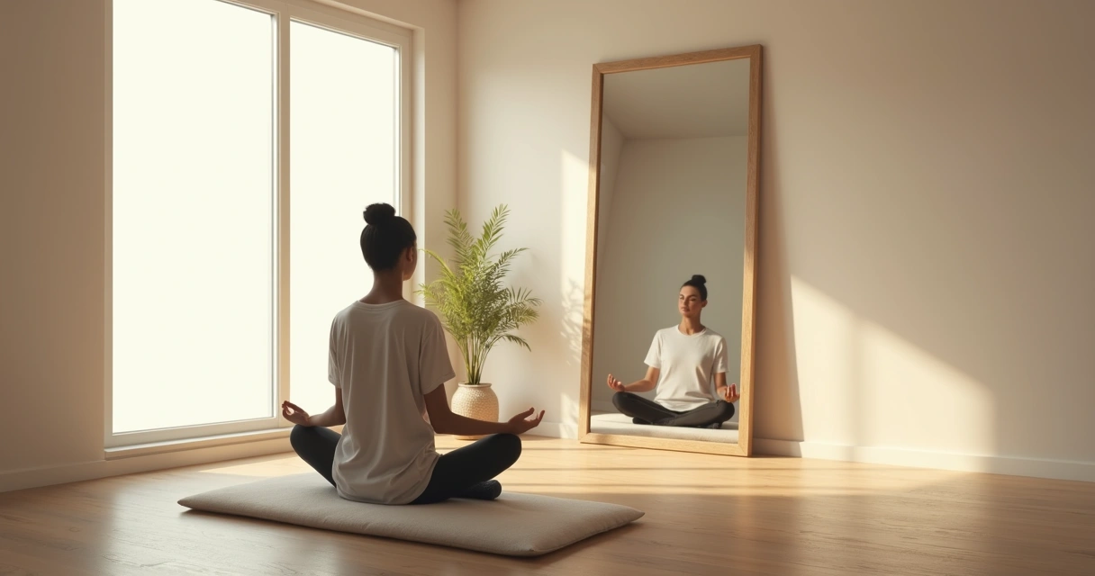 Pessoa sentada em meditação diante de um espelho com luz suave
