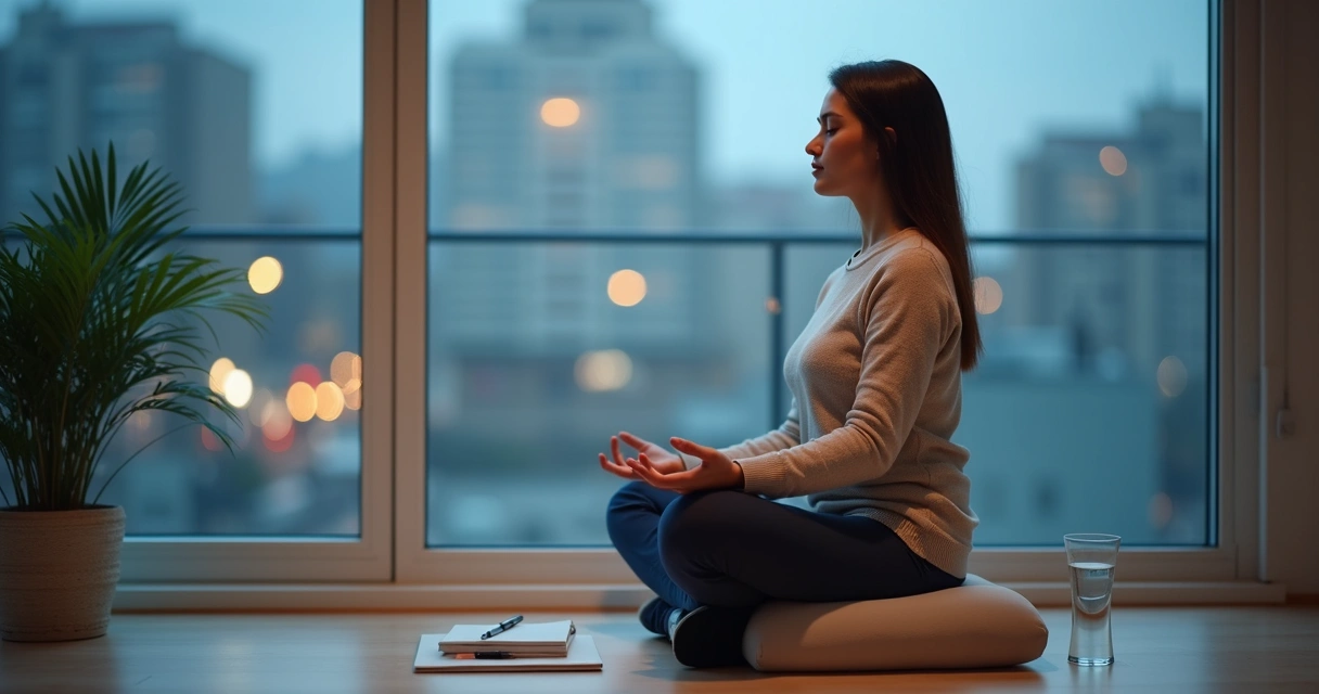 Pessoa sentada em posição de meditação respirando fundo em meio a um cenário urbano desfocado 