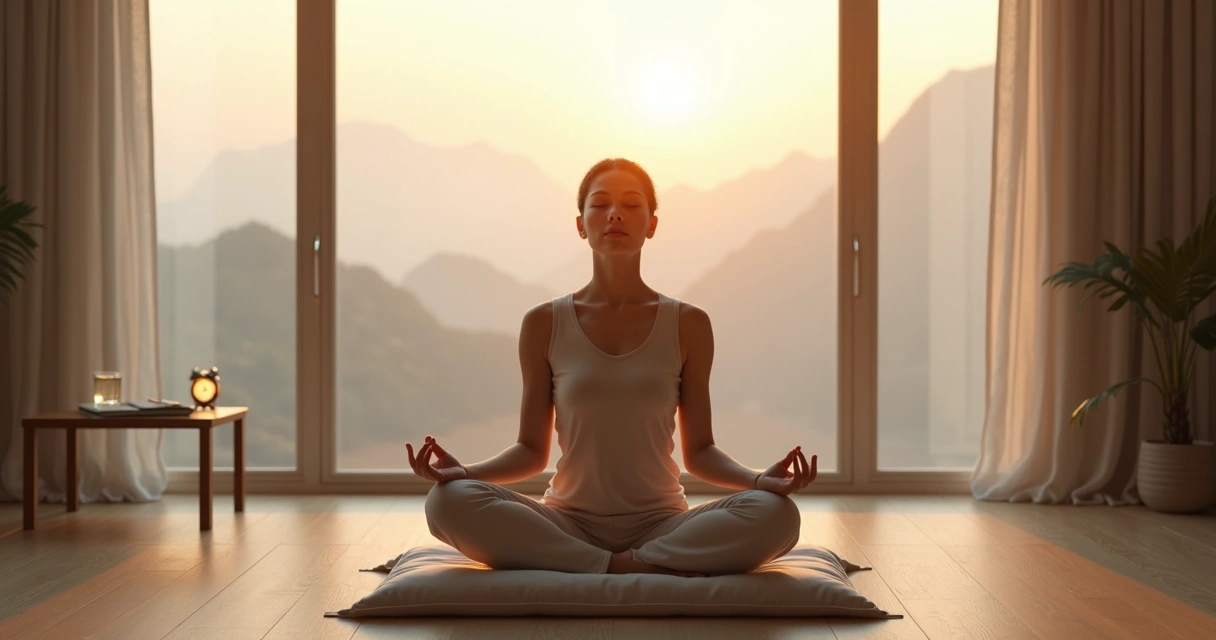 Pessoa meditando em posição de lótus diante de janela ao amanhecer 