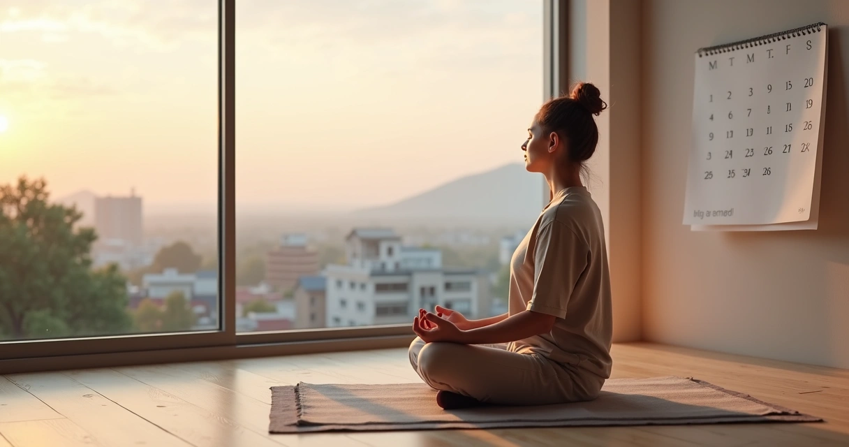 Pessoa meditando ao amanhecer com calendário ao fundo sugerindo regularidade 