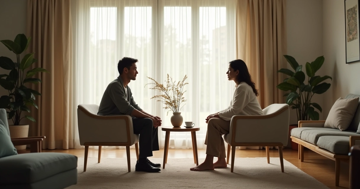 Casal sentado em silêncio em ambiente claro e acolhedor 
