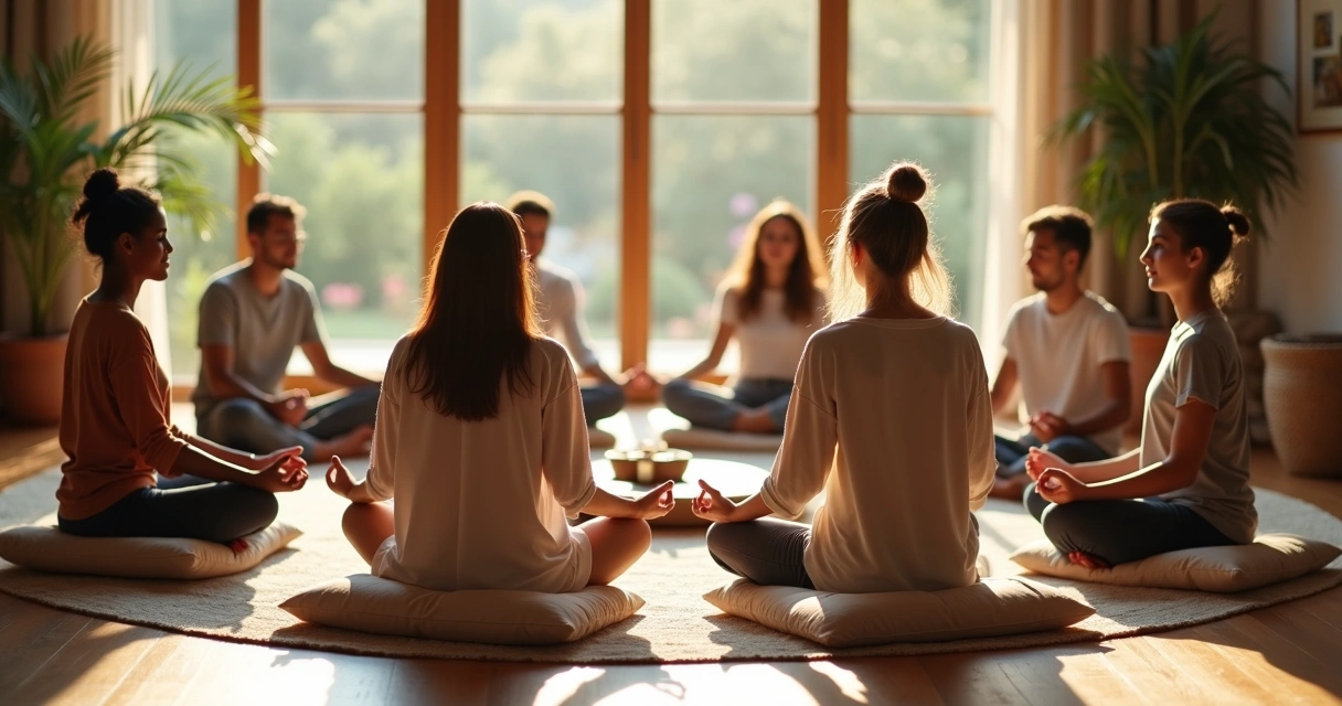 Grupo de pessoas meditando em círculo em uma sala iluminada e aconchegante 