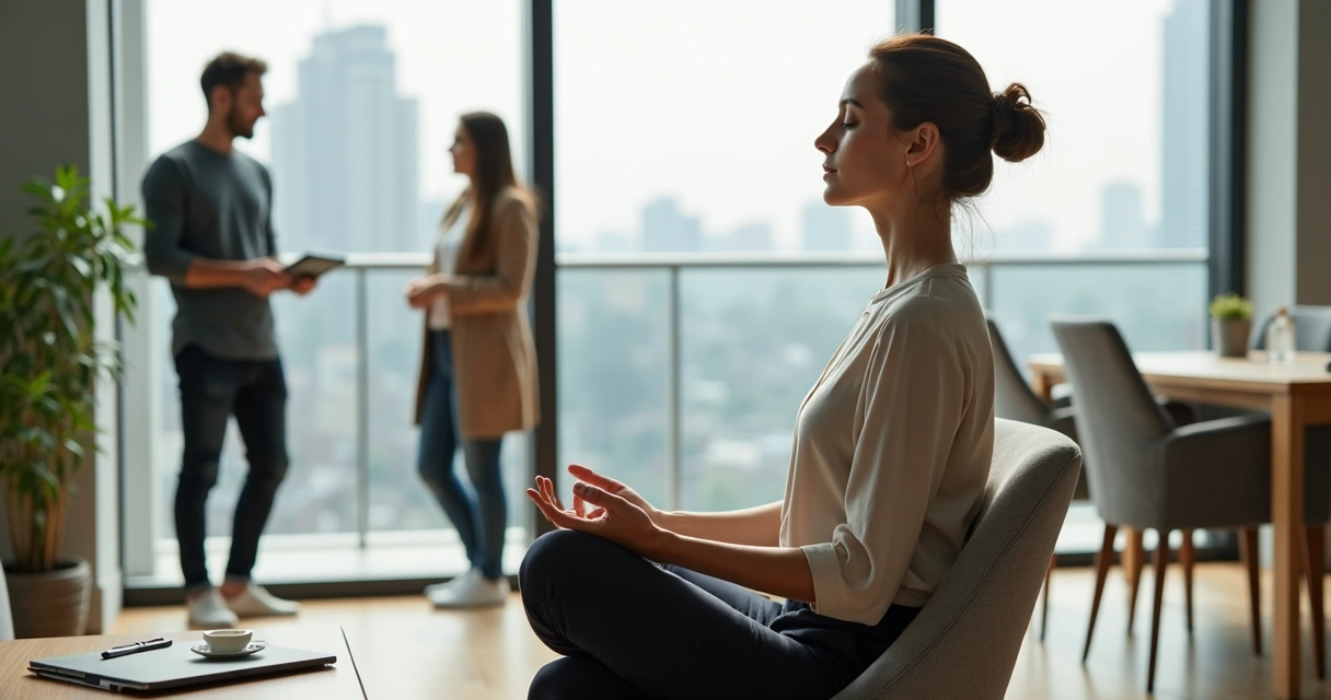 Mulher meditando em escritório com colegas ao fundo em conversa harmoniosa 