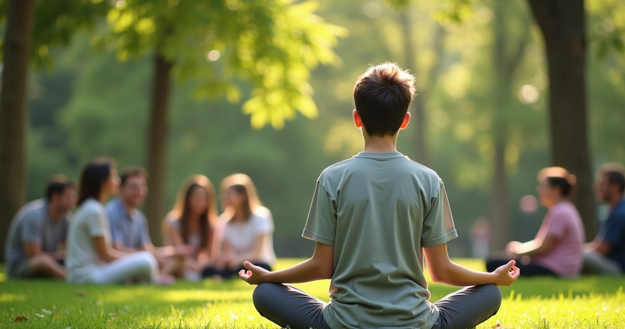 Pessoa meditando em ambiente tranquilo, com outros ao redor em interação harmoniosa 