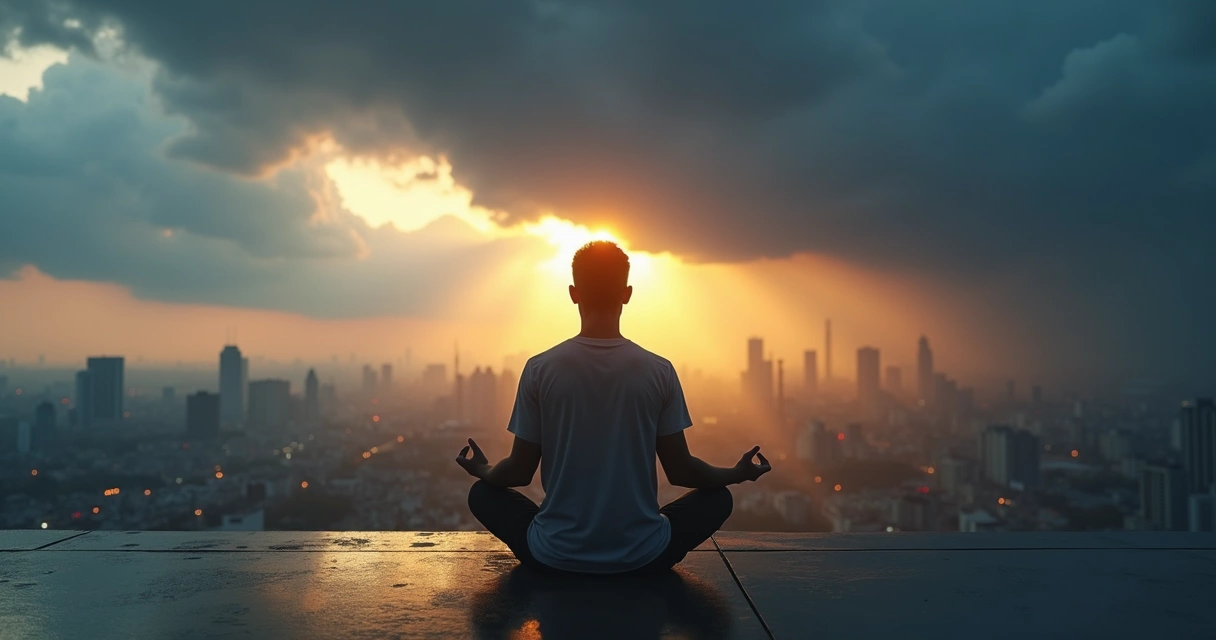 Pessoa meditando diante de cidade em tempestade com céu se abrindo atrás 