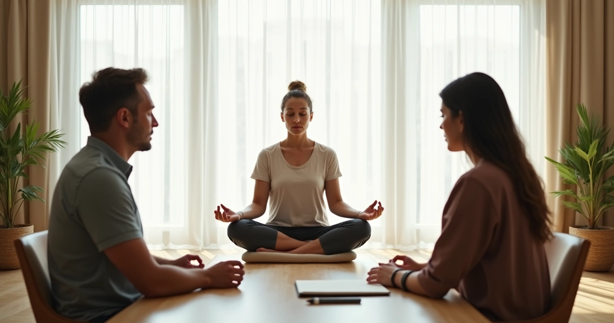 Pessoa meditando entre duas pessoas em conflito em ambiente calmo 