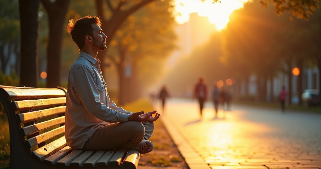 Pessoa meditanto em meio a palavras de conflito que se transformam em ondas tranquilas 