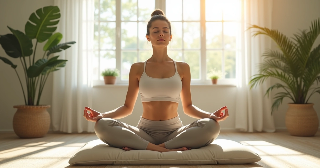 Pessoa fazendo respiração consciente sentada em ambiente calmo.
