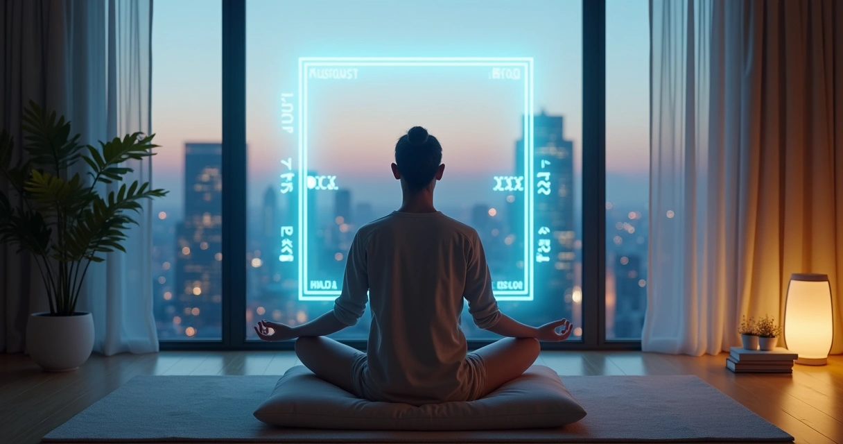 Pessoa sentada em meditação praticando respiração box em ambiente urbano moderno 