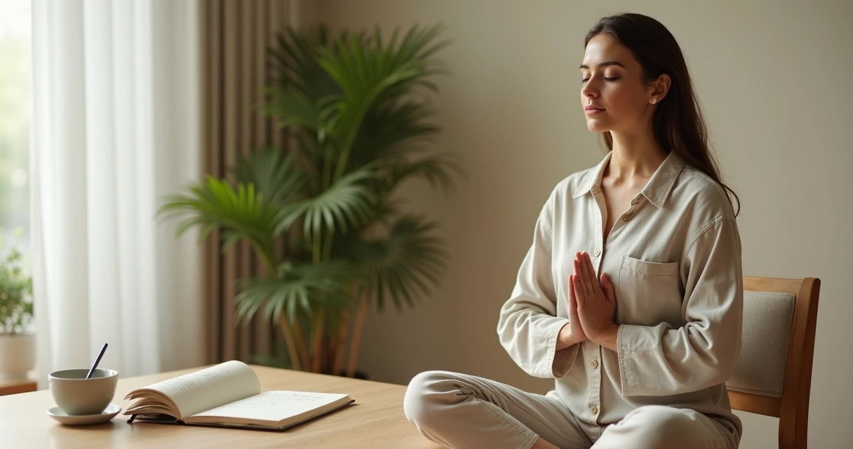Pessoa meditando perto de caderno aberto e xícara sobre mesa
