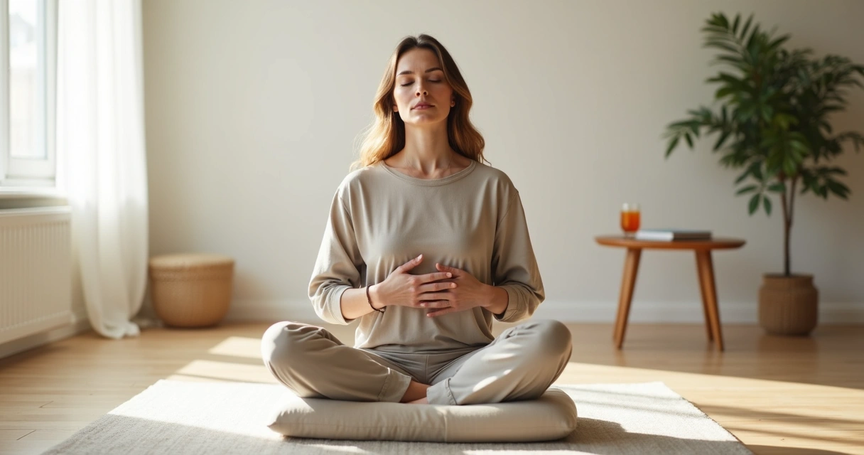 Pessoa sentada em posição de meditação focada na respiração consciente 