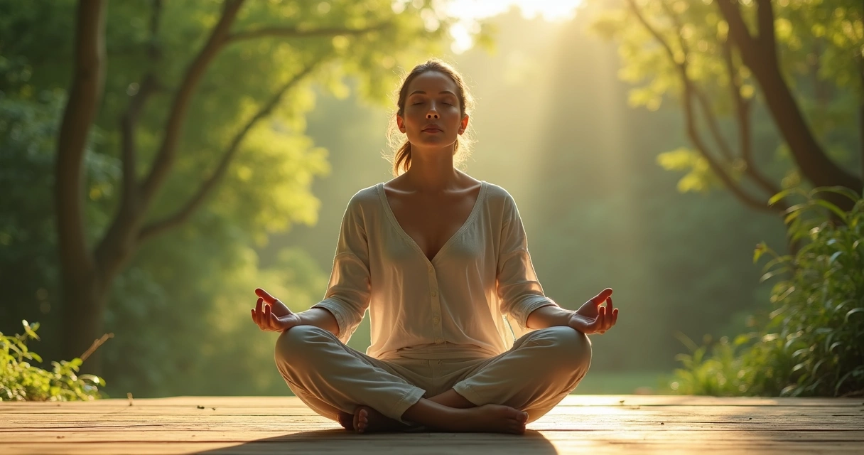 Pessoa sentada em posição de meditação em ambiente natural, olhos fechados, respirando profundamente 