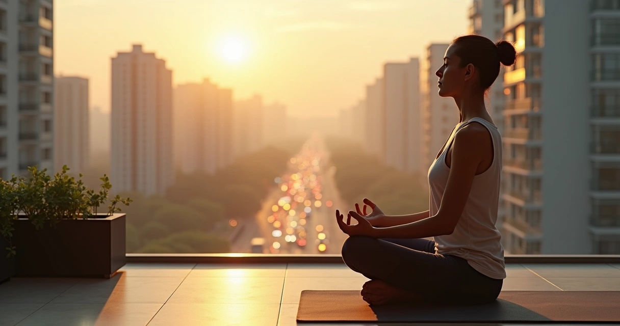Pessoa meditando com respiração consciente em varanda com cidade ao fundo 