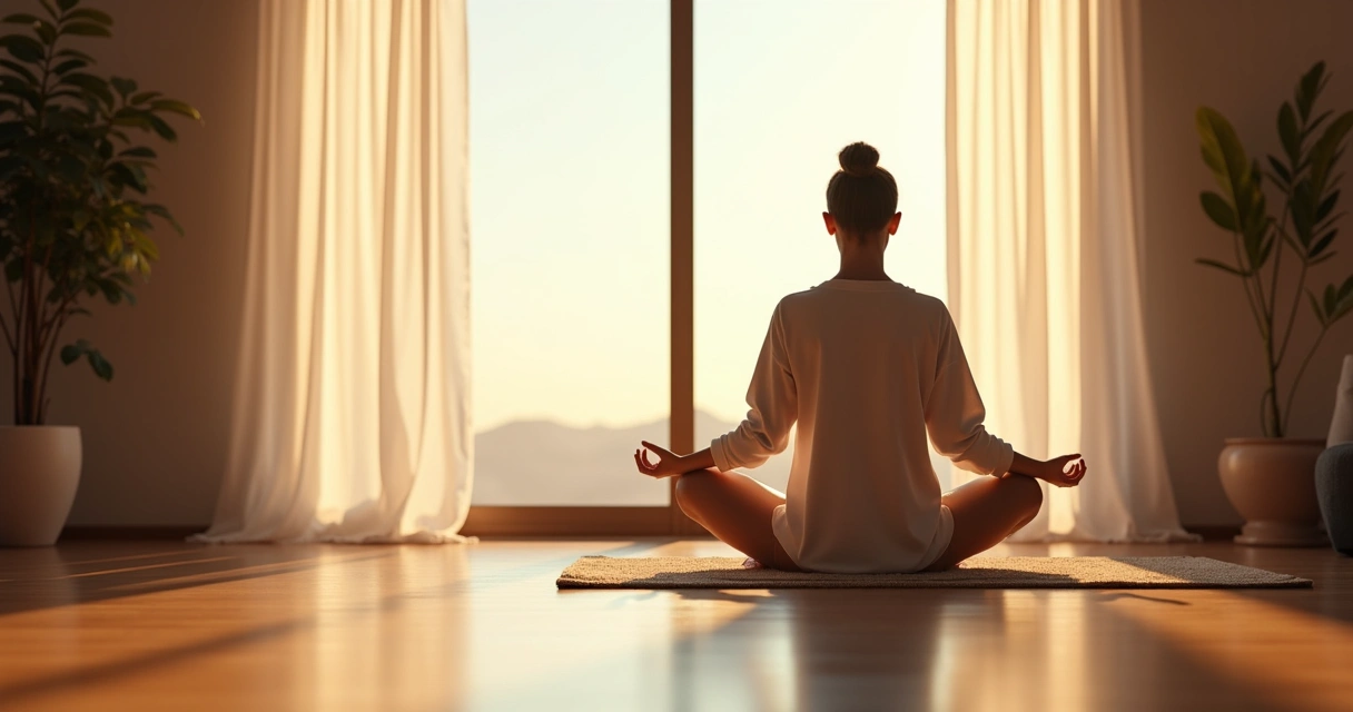 Pessoa meditando sentada próxima a uma janela com luz suave entrando, atmosfera serena e tranquila. 