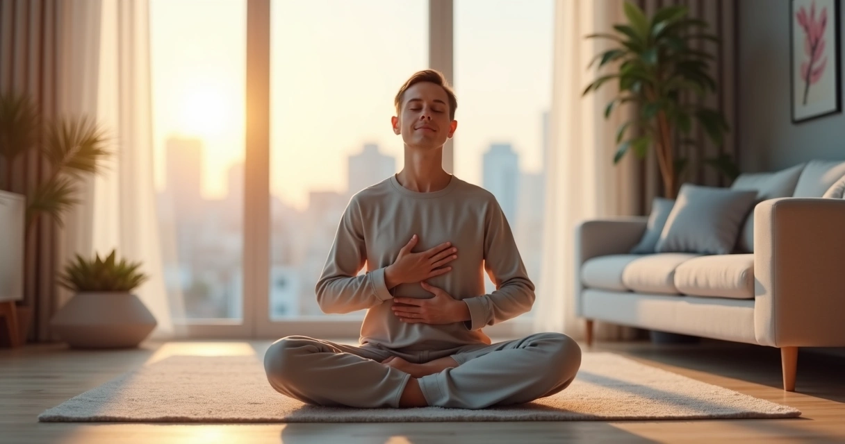 Pessoa sentada no chão em posição de meditação respirando profundamente diante de uma janela com luz suave 