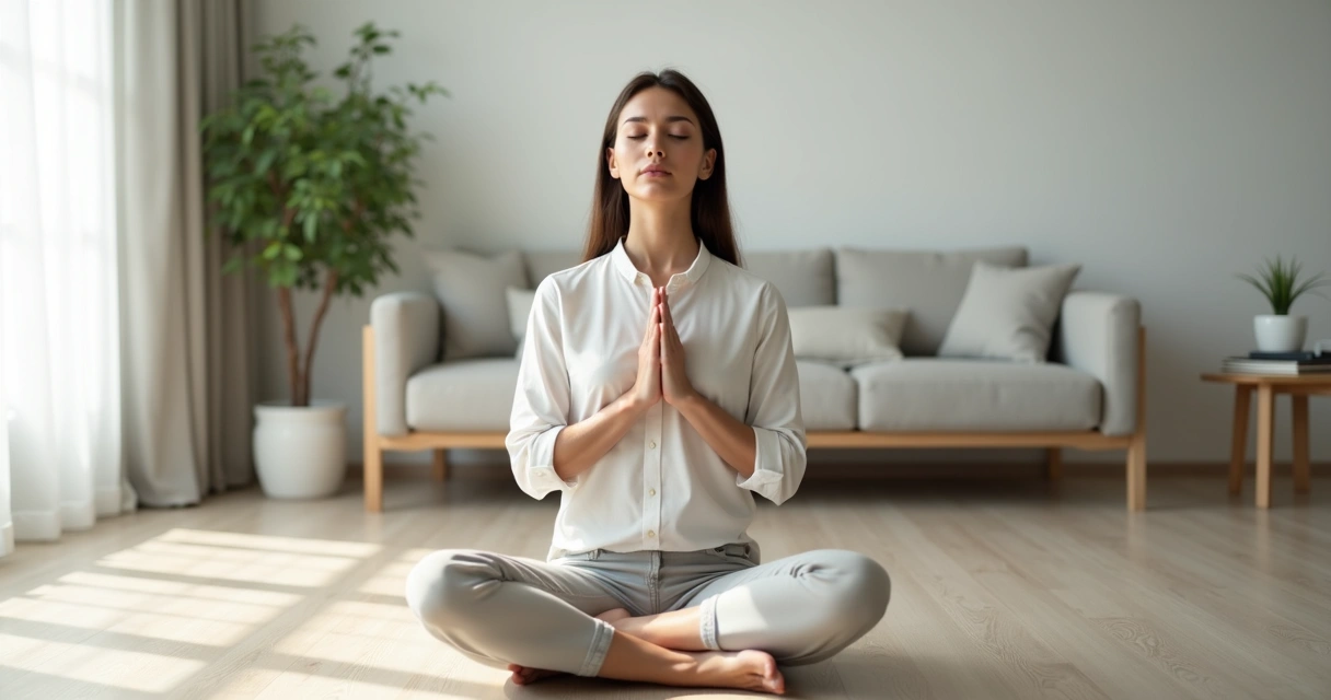Mulher sentada em meditação com foco na respiração nasal em ambiente minimalista claro 