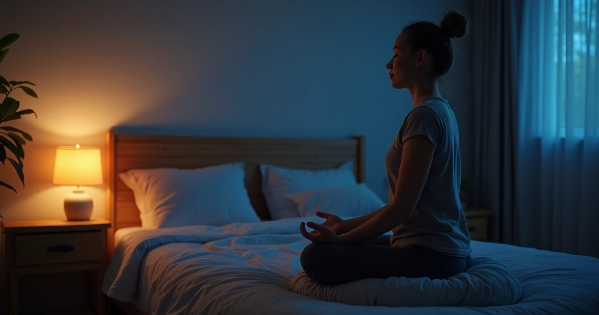 Pessoa meditando sentada ao lado da cama