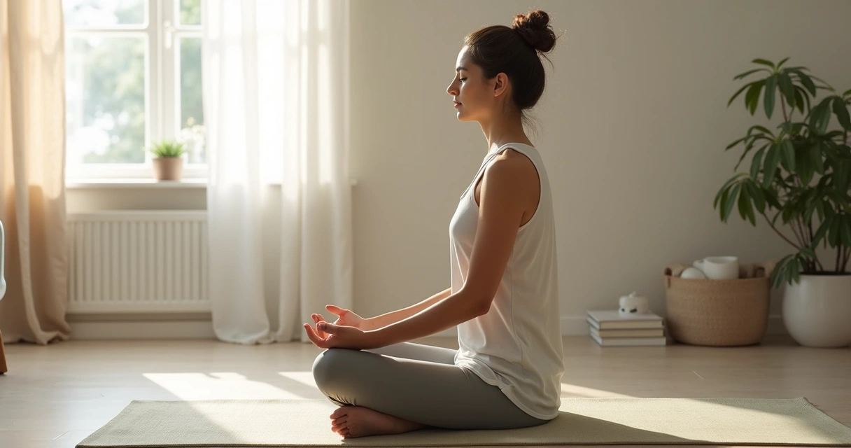 Pessoa sentada meditando em sala clara com luz suave