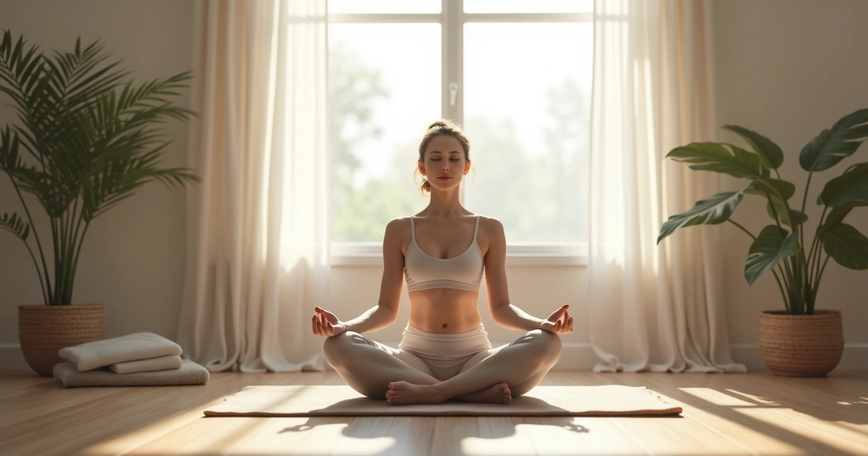 Pessoa sentada meditando com foco na respiração em ambiente claro 