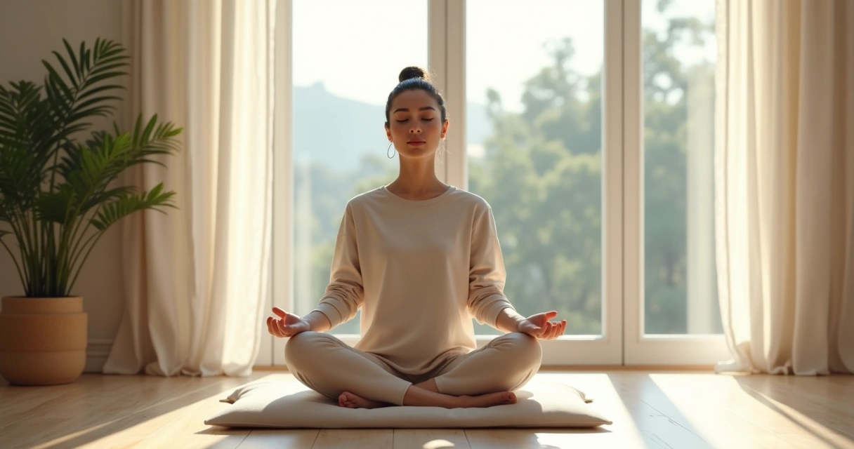 Pessoa sentada meditando perto de uma janela com luz suave