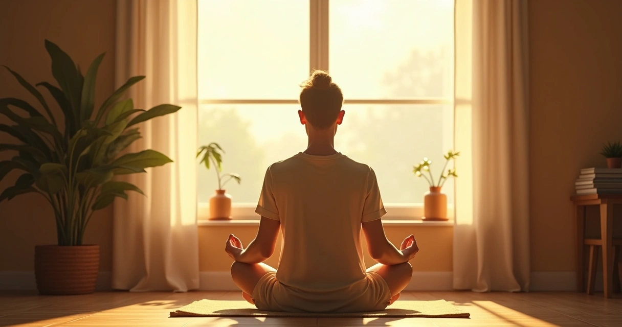 Pessoa meditando de frente para uma janela com luz do sol entrando