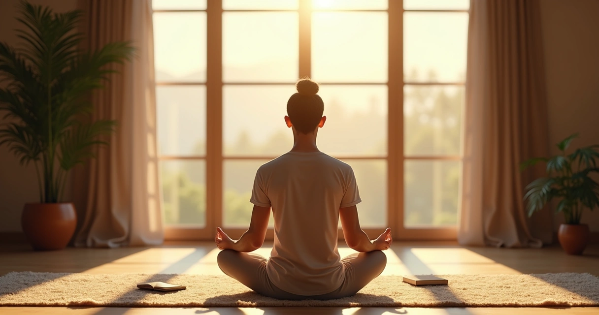 Pessoa em casa meditando ao nascer do sol, luz suave entrando pela janela