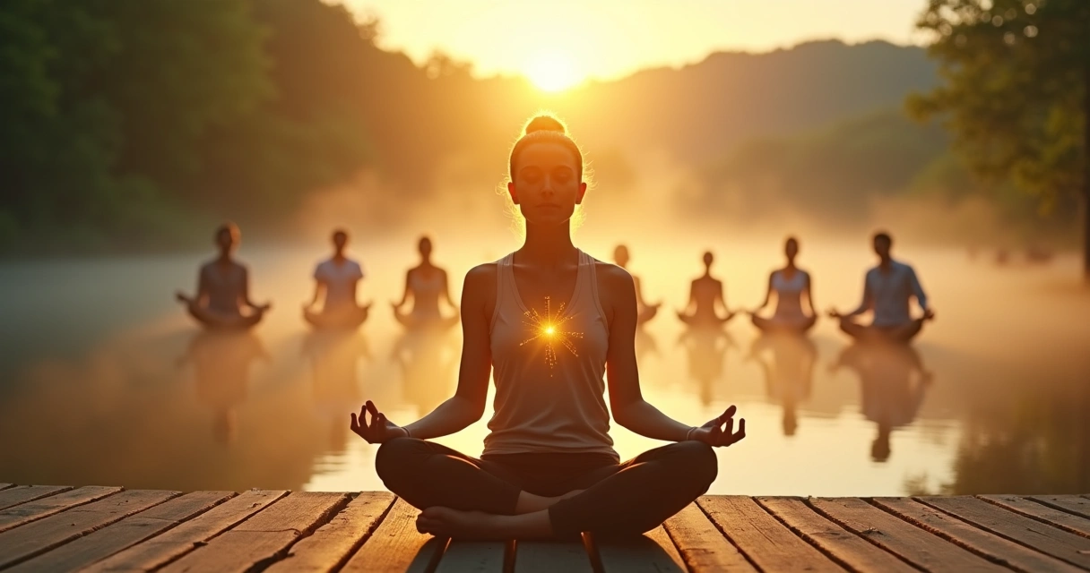Pessoa meditando em ambiente natural com fios de luz conectando silhuetas ao fundo 
