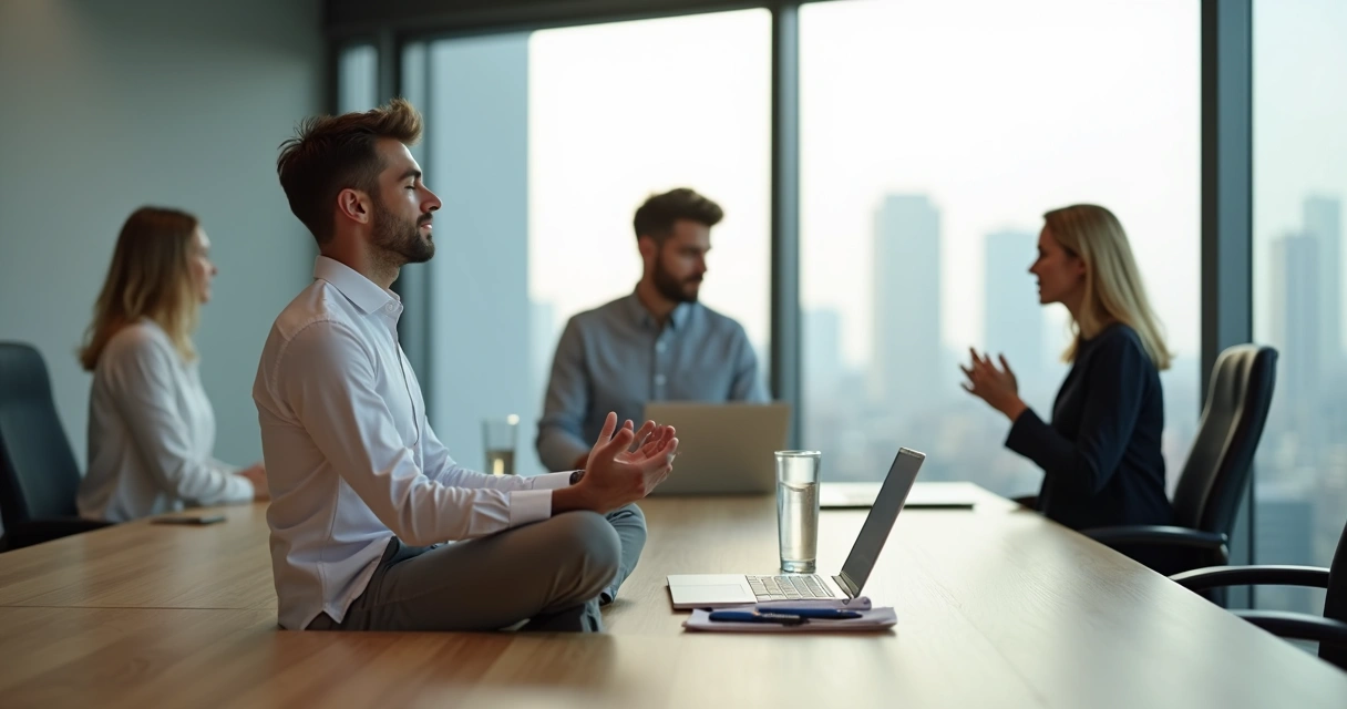 Profissional em meditação breve antes de reunião de trabalho 