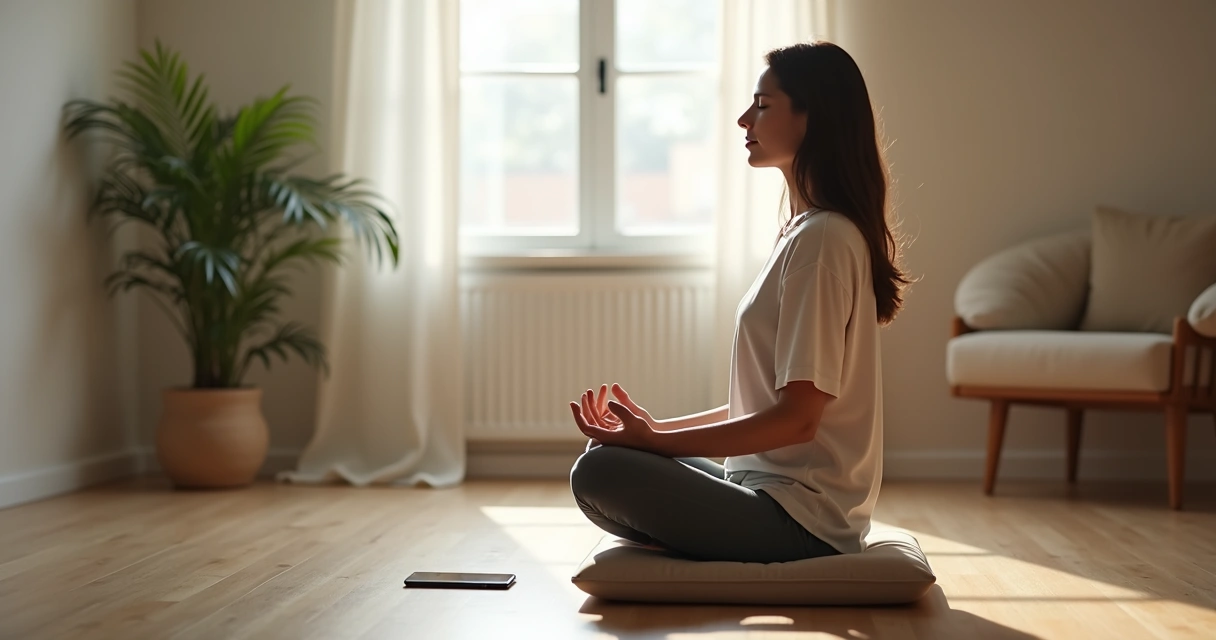 Pessoa sentada em meditação com celular desligado e luz suave no ambiente 