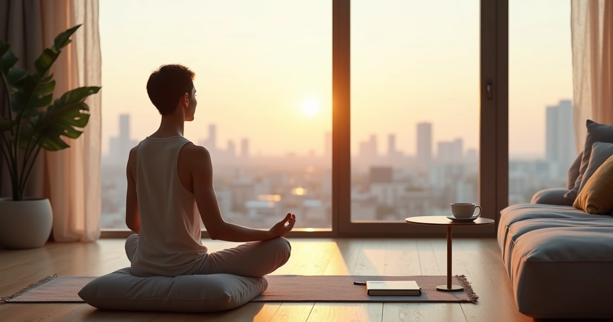 Pessoa sentada meditando ao amanhecer em sala minimalista com vista para a cidade 
