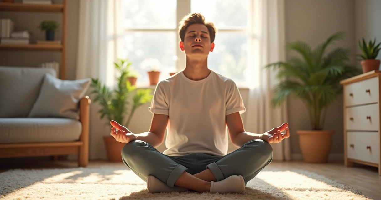 Jovem sentado em posição de meditação em ambiente iluminado 