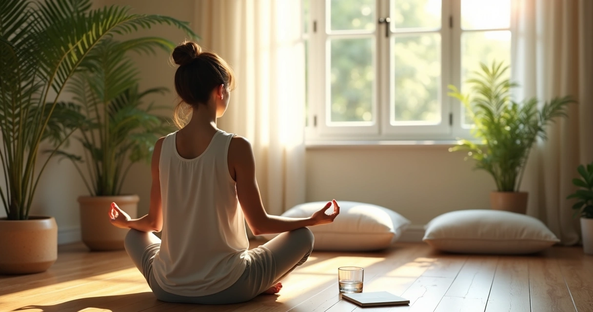 Pessoa sentada em postura de meditação em ambiente calmo com plantas