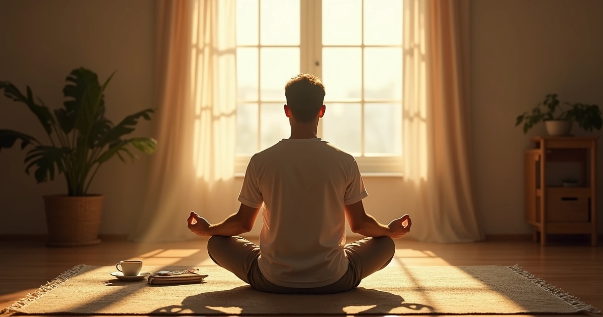 Homem sentado no tapete meditando ao amanhecer 