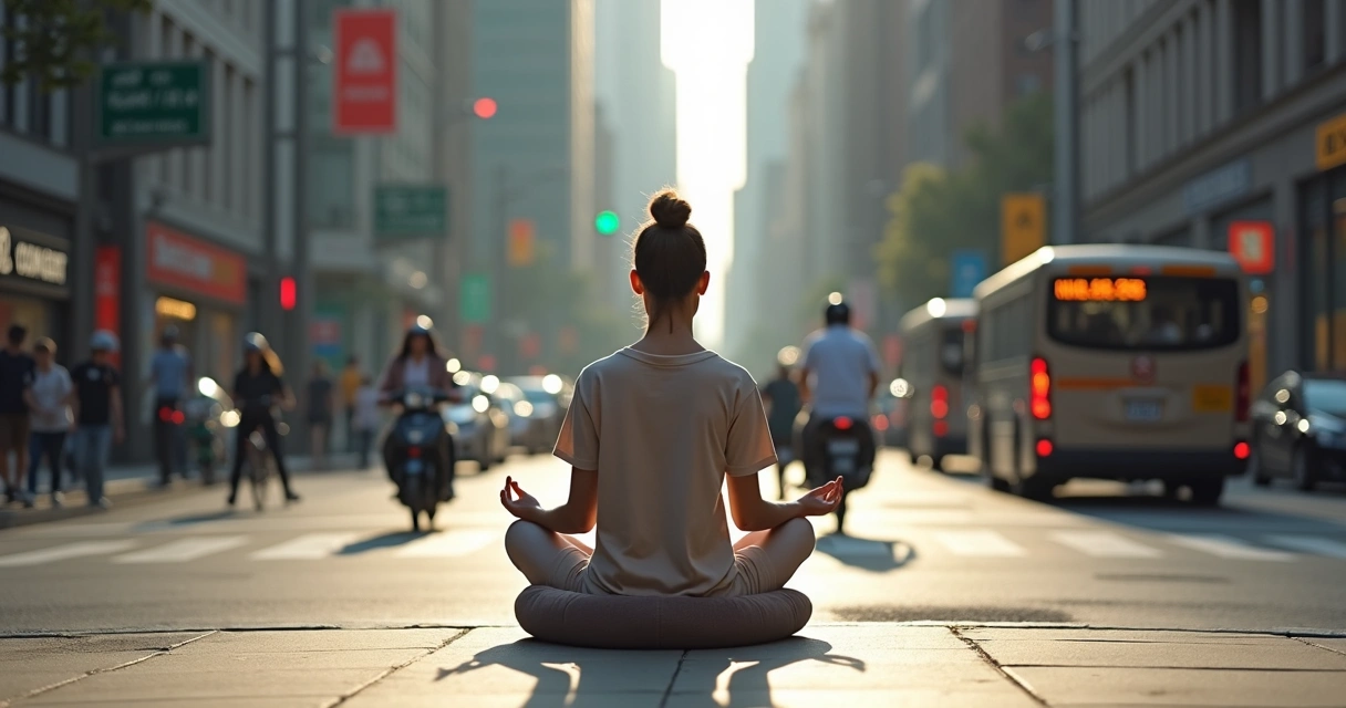 Pessoa meditando sentada em meio a rua urbana movimentada e barulhenta 