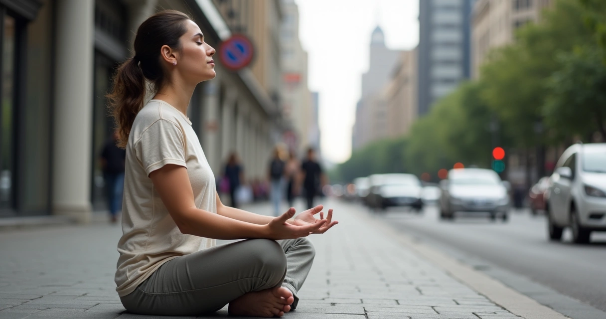 Pessoa sentada em posição de meditação numa calçada movimentada 