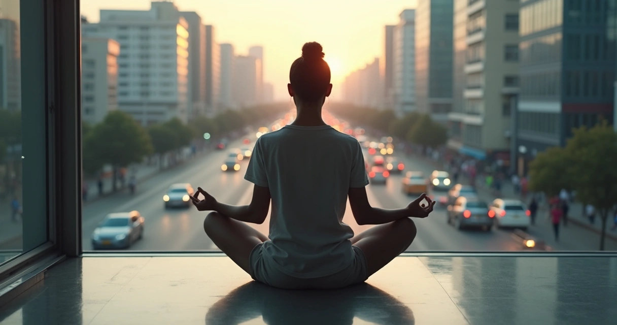 Pessoa meditando sentada enquanto ao fundo há movimentação urbana 