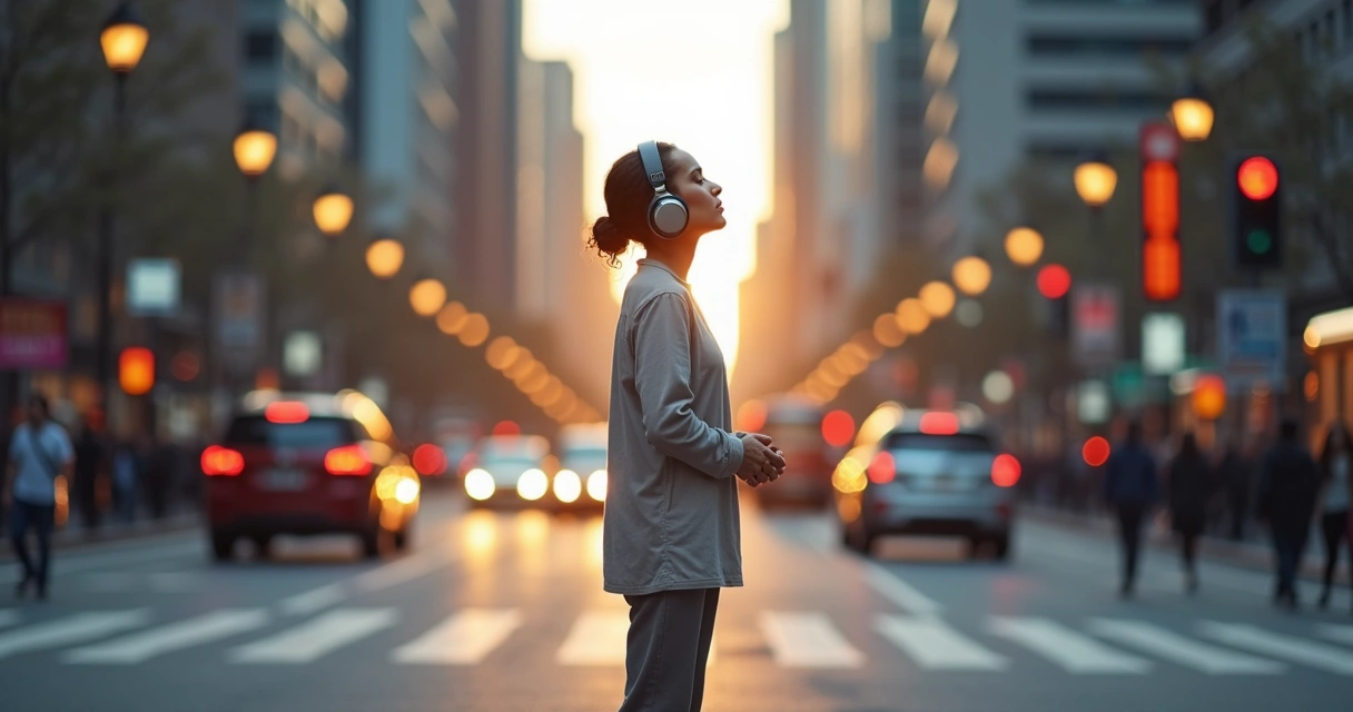 Pessoa com fones grandes encontrando calma em meio a rua urbana movimentada 