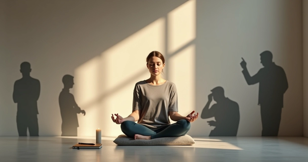 Pessoa em meditação cercada por sombras desfocadas que simbolizam pensamentos sabotadores 