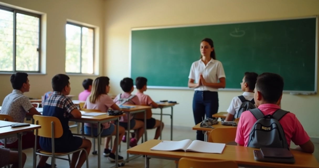 Alunos sentados em sala durante prática de respiração