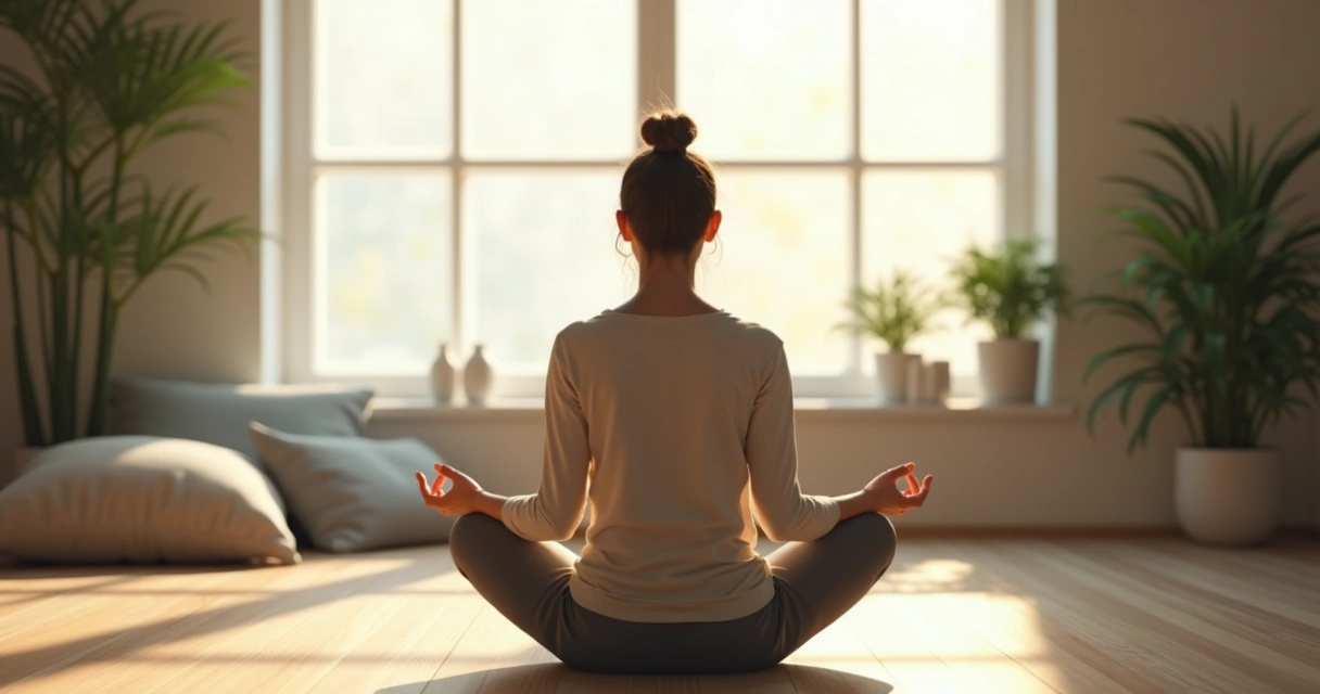 Pessoa sentada em postura de meditação em uma sala iluminada suavemente, ambiente organizado e tranquilo, com almofadas e plantas ao fundo.