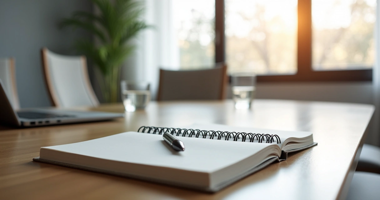 Mesa de reunião com caderno, água e ambiente calmo antes do encontro