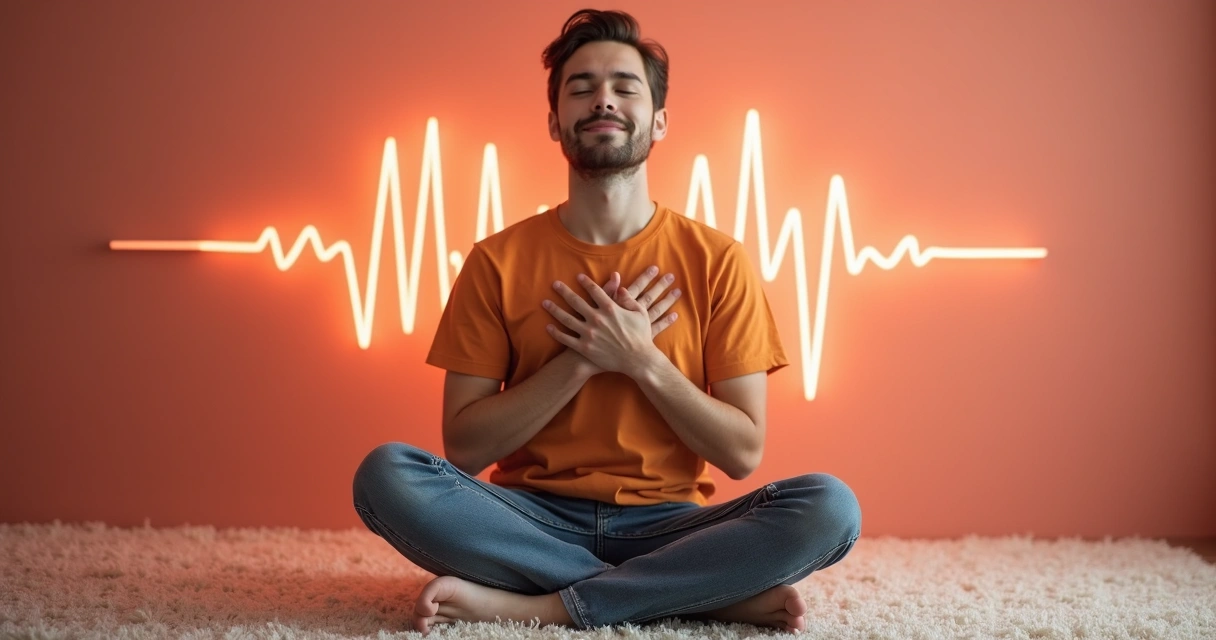 Homem jovem sentado em posição de meditação, mãos sobre o peito, expressão calma, fundo claro 