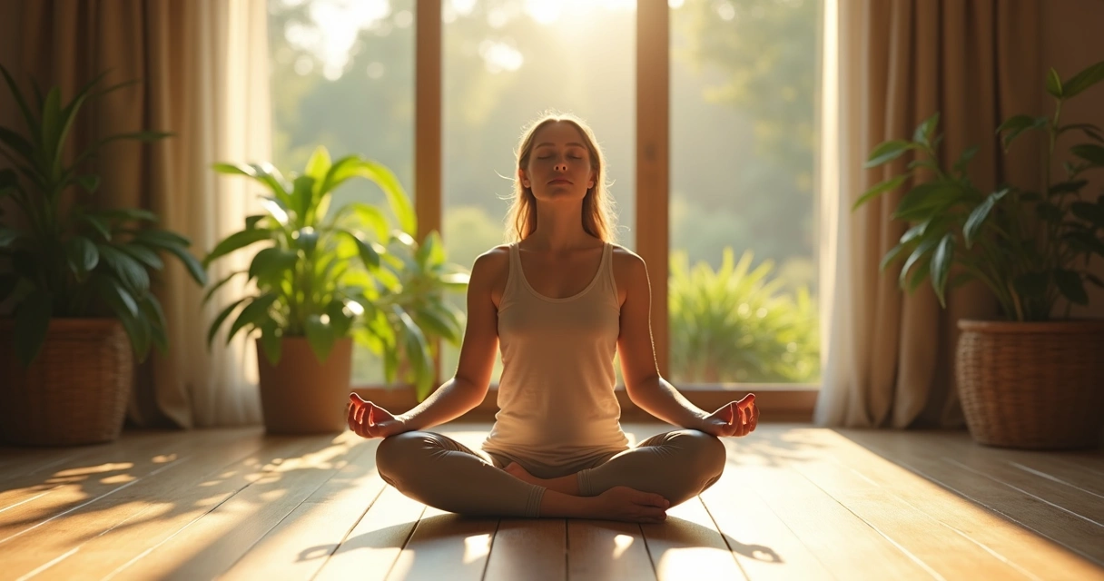 Pessoa sentada de olhos fechados, praticando meditação em ambiente iluminado por luz natural, com plantas ao redor.