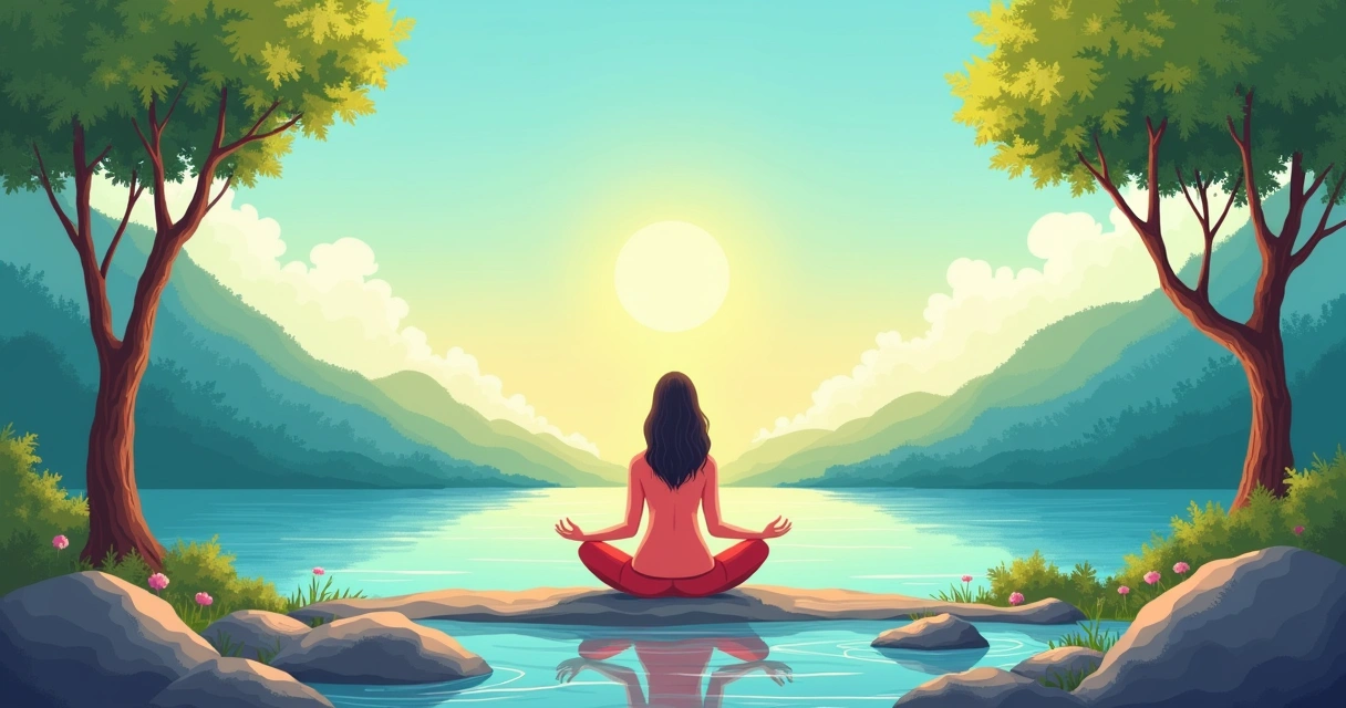 Ilustração de uma pessoa meditando em um ambiente natural sereno, cercada por árvores e um lago, simbolizando a saúde mental.