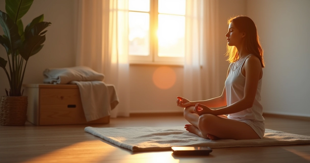Pessoa meditando ao lado de celular desligado em mesa de madeira
