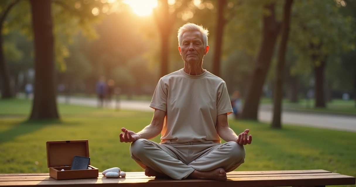 Pessoa meditando em parque com celular guardado em caixa de madeira ao lado 