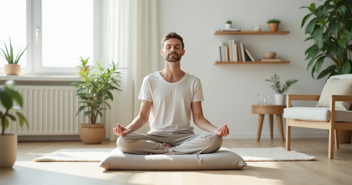 Pessoa meditando em postura simples em sala minimalista e clara 