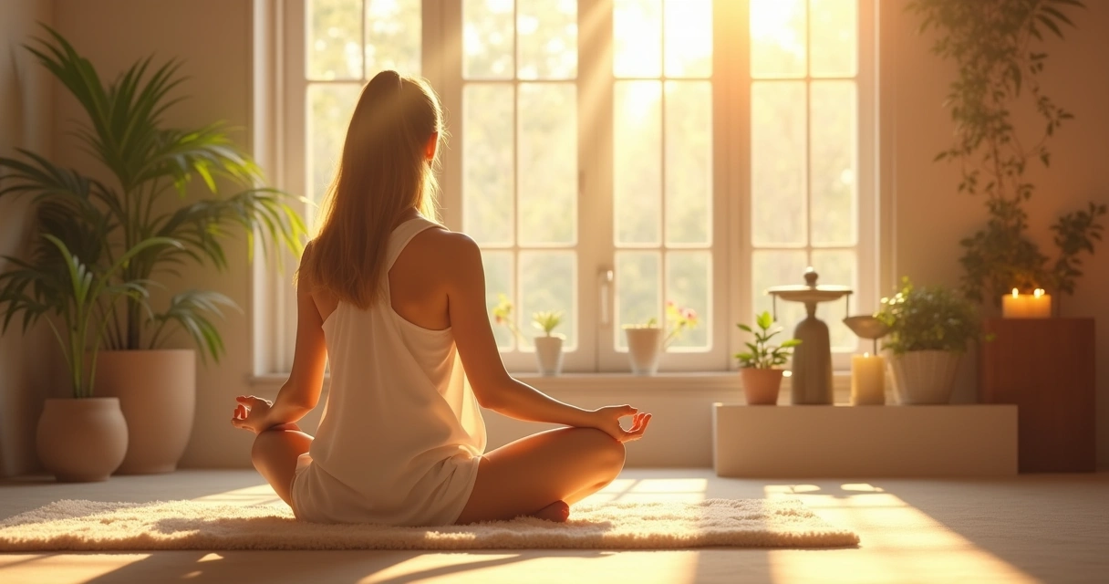 Cena de meditação com uma pessoa em posição de lótus, luz suave e ambiente sereno.