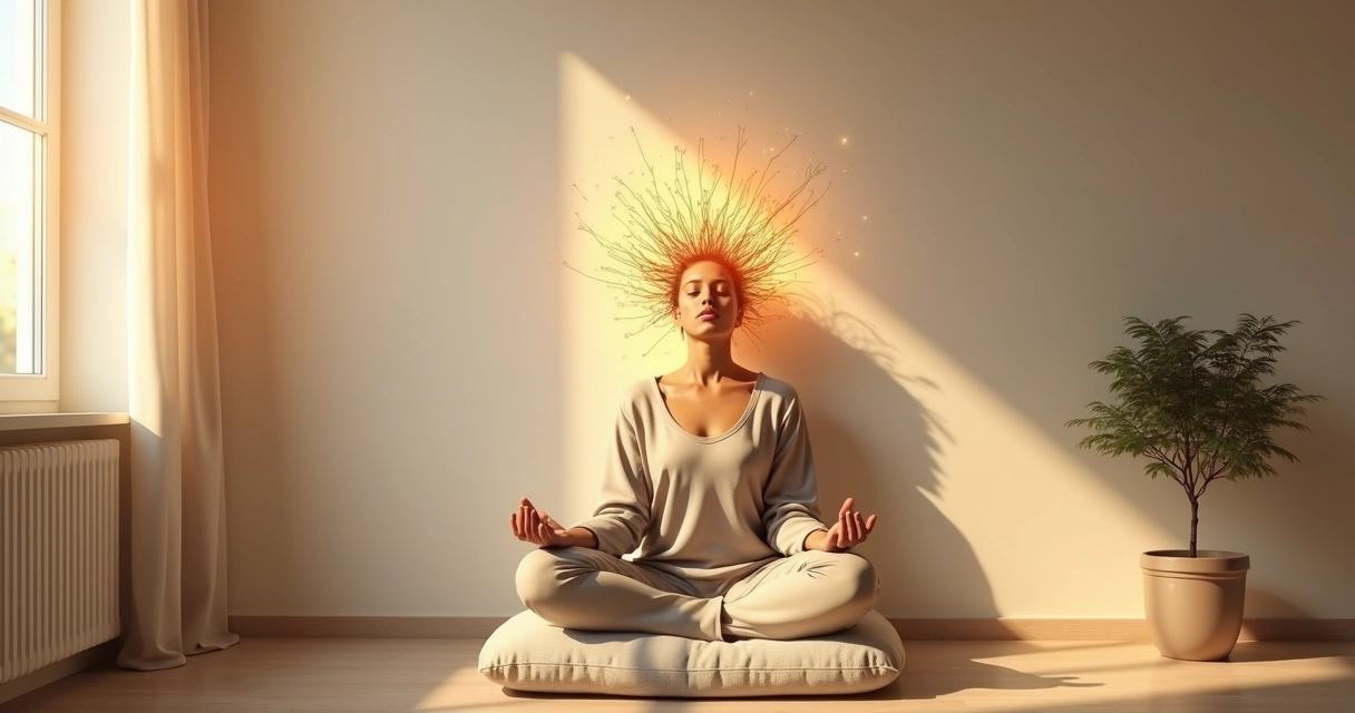 Pessoa em meditação com sombra crítica ao fundo se desfazendo em luz 