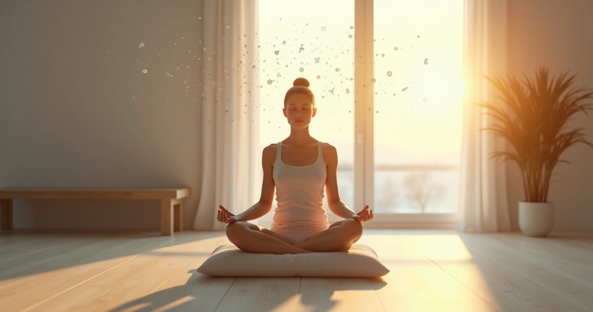 Pessoa meditando em ambiente minimalista com fluxo de pensamentos se dissolvendo no ar 